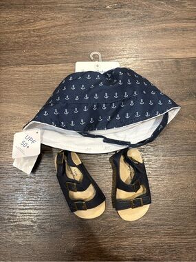 Navy Anchor Baby Sun Hat and Sandal Set